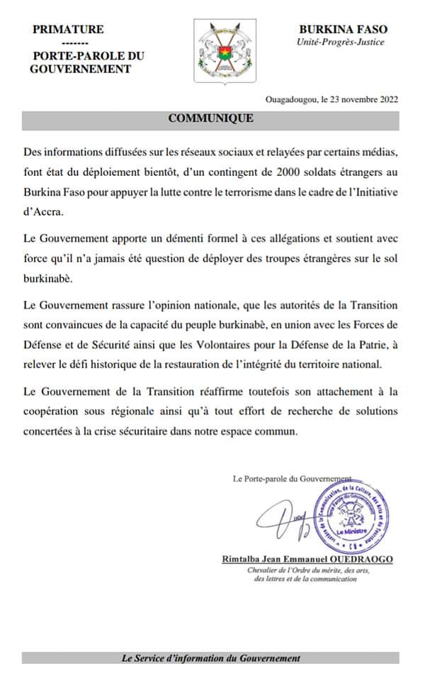 Des informations diffusées sur les réseaux sociaux et relayées par certains médias, font état du déploiement bientôt, d’un contingent de 2000 soldats étrangers au Burkina Faso pour appuyer la lutte contre le terrorisme dans le cadre de l’Initiative d’Accra.