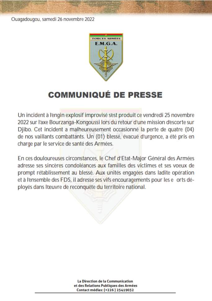 Lutte contre l’insécurité au Burkina : Un incident a fait des victimes, le CEMGA encourage les unités sur le terrain