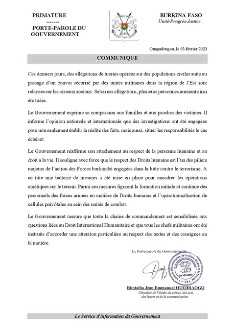 Ces derniers jours, des allégations de tueries opérées sur des populations civiles suite au passage d’un convoi sécurisé par des unités militaires dans la région de l’Est sont relayées sur les réseaux sociaux. Selon ces allégations, plusieurs personnes auraient ainsi été tuées.